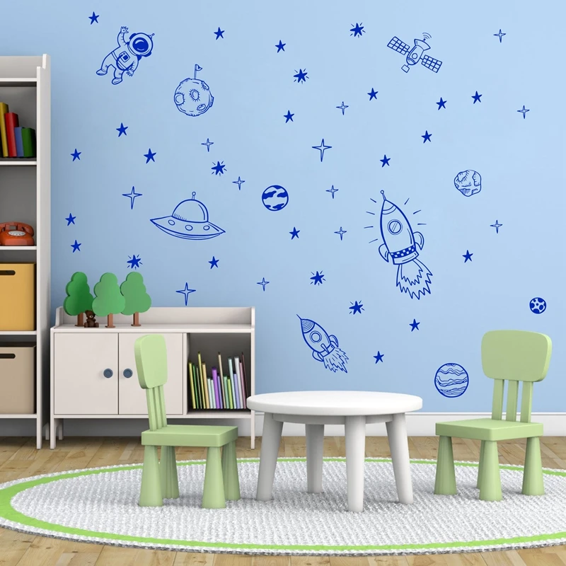 Rocket Ship Astronaut Creative Vinyl Wall Sticker For Boy Room Decoration Outer Space Wall Decal Nursery Kids Bedroom Decor NR13