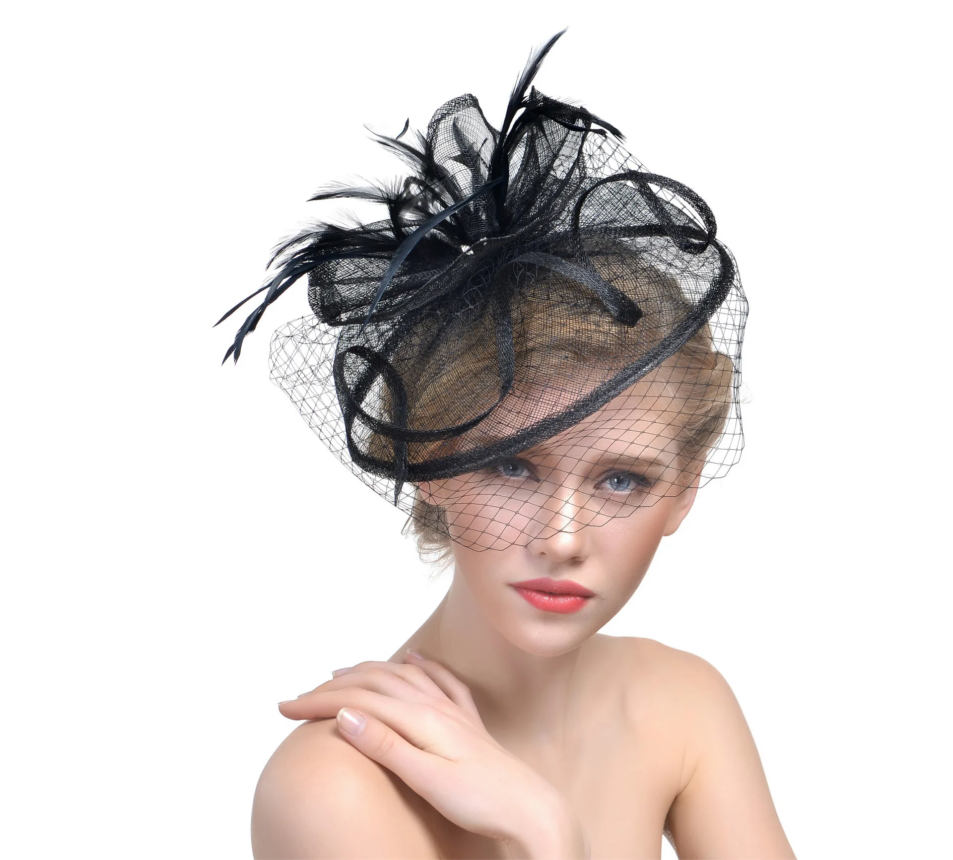 Pince à cheveux en maille Fascinator pour femme, chapeau de patients de mariage, fleur, extérieur, vacances, plume, chapeaux de mariée, blanc, noir, rose