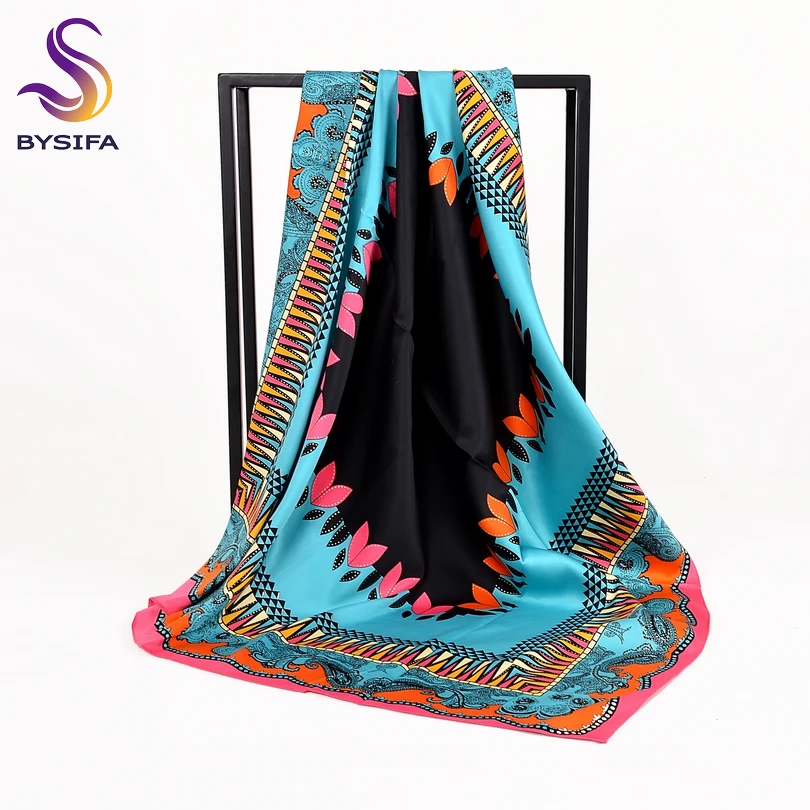 [BYSIFA] Women Square Satin Silk Scarf Brand Large Scarves Thicken Muslim Head Scarf Cape Lake Blue,Rose Red,Coffee,Beige,Yellow