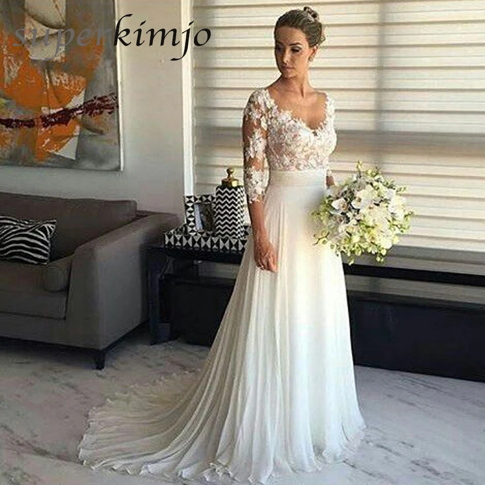 Echt Brautkleider 2019 V Neck Spitze Appliques Lange Hülse Chiffon Gericht Zug Strand Brautkleider Vestidos de Noiva