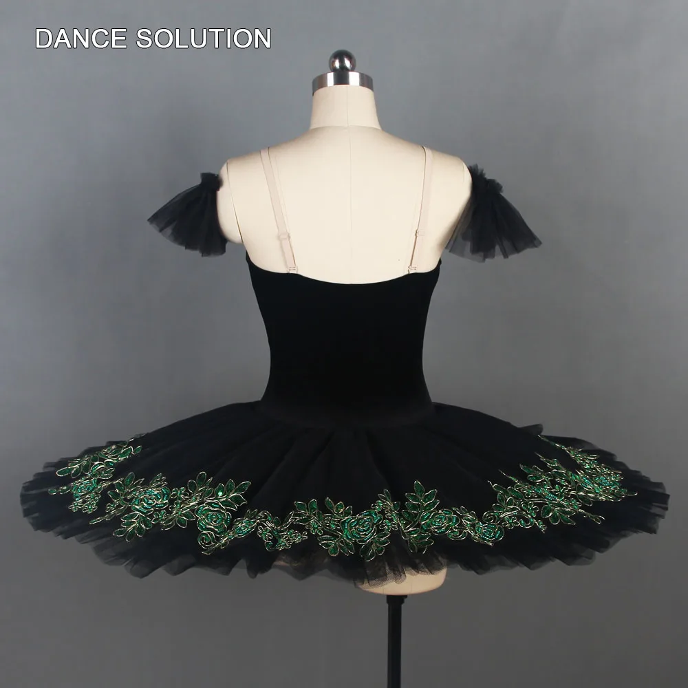 Black Velvet Camisole Bodice with Green Applique Tutu Dress for Girls & Women Ballerina Stage Performance Costumes BLL110