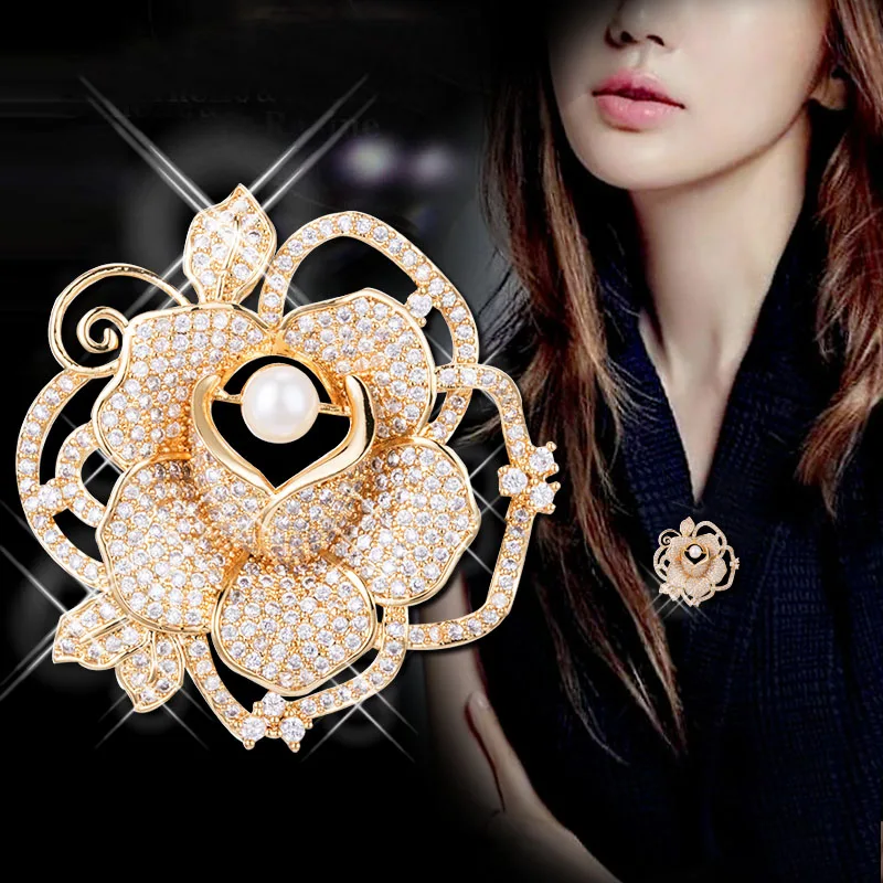 

mziking New AAA Zircon Flower Brooches Pins for Women Large Simulated pearl Rose Brooch Collar Broches Party Jewelry Accessories