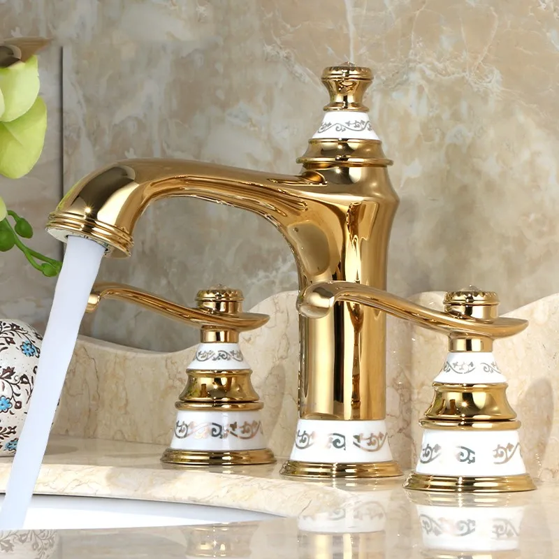 

Four colors Gold plated brass bathroom sink faucet Good quality basin mixer tap 2 handles 3 holes hot and cold faucet