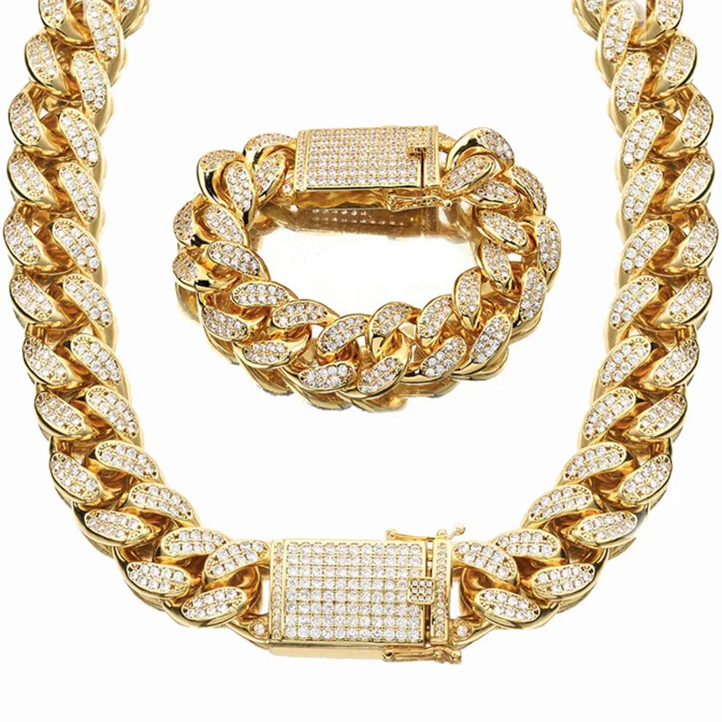 

Hip Hop Bling Jewelry Set Stainless Steel Iced Out CZ Mens Electroplated Gold Plated Miami Cuban Link Chain Necklace Bracelet