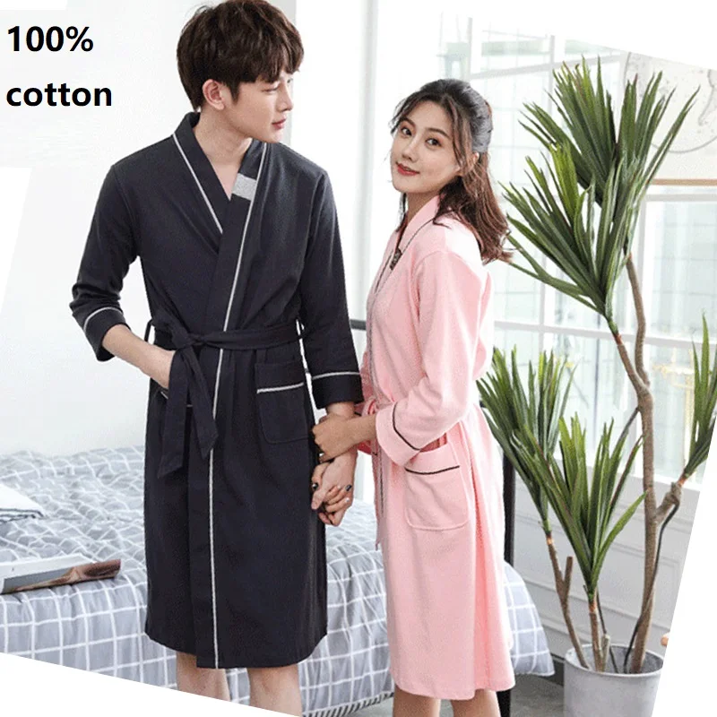 

Spring Autumn 100 Cotton Bathrobe Soft Jersey Long Robe Unisex Long-sleeve Absorbent Night Dressing Gown Pijamas Bridesmaid Robe