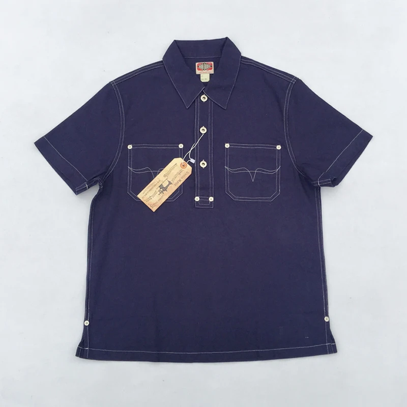 BOB DONG Cotton Linen Half Button Down Shirts Indigo Vintage Short Sleeve Tee