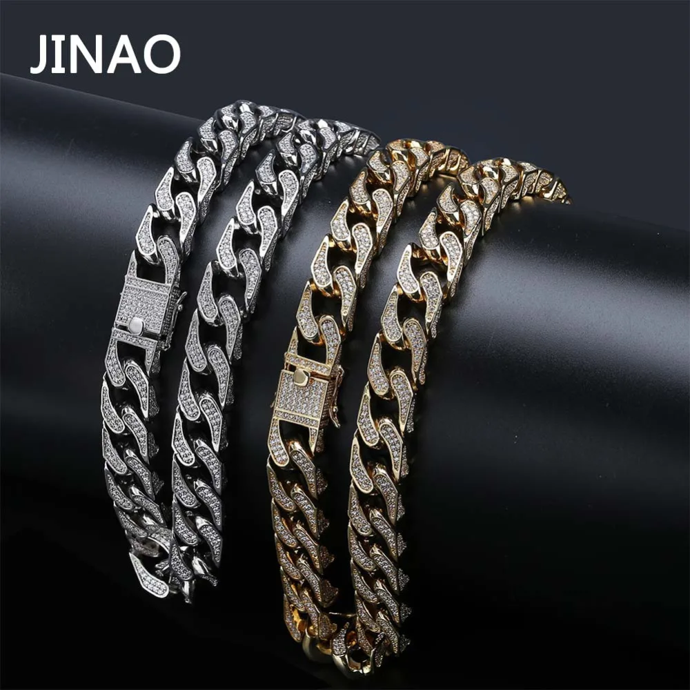 

JINAO Hip Hop Jewelry 16mm Miami Cuban Chain Micro Pave Cubic Zirconia Necklace Full Iced Out Chain Gold Bling Male Gifts