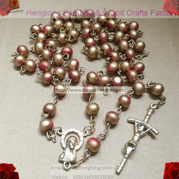 5pcs/pack 6*7mm bead wood rosary necklace/ golden red bead rosary/ full color rosary with virgin mary center,inoxidable rosary