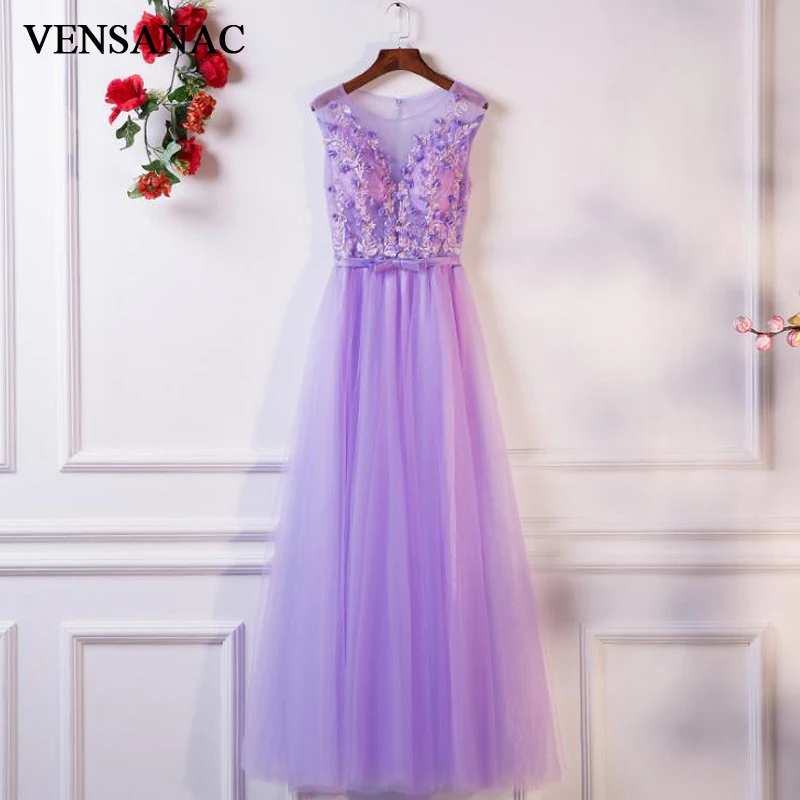 

VENSANAC Illusion O Neck Flowers Appliques A Line Long Evening Dresses Party Bow Sash Open Back Tulle Prom Gowns