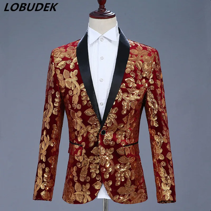 New Style 4 Colors Sequins Jacket Coat Men Costume Prom Party Host Stage Outfit Male Wedding Groom Master Performance Outerwear