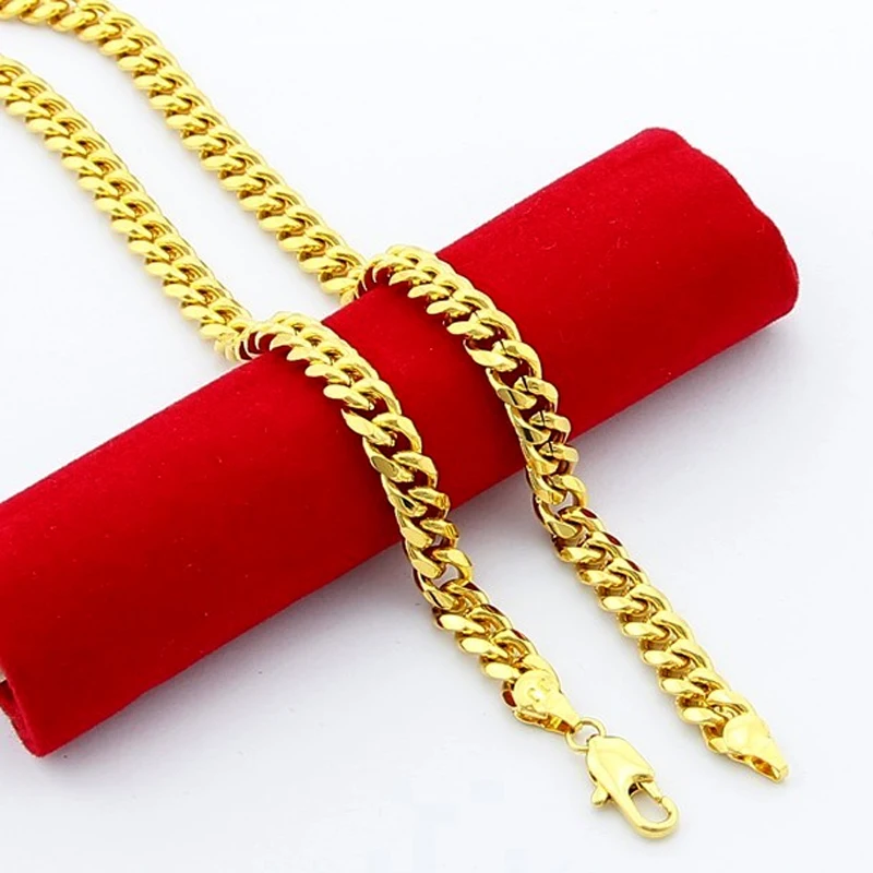 Pure Gold Color Men\'s Chain Necklace Hip Hop Rock Jewelry,24k Gold GP 6mm Wide Cuban Chain Necklace for Men 50CM to 70cm Long