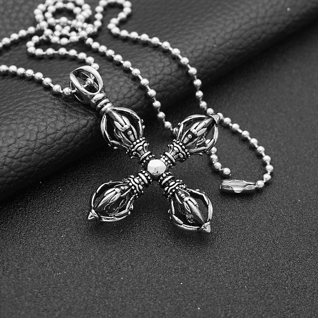 Phenovo Charm Stainless Steel Hollow Cross Vajra Pestle Pendant Talisman Necklace Prayer Amulet Pendant Necklace Fashion Jewelry