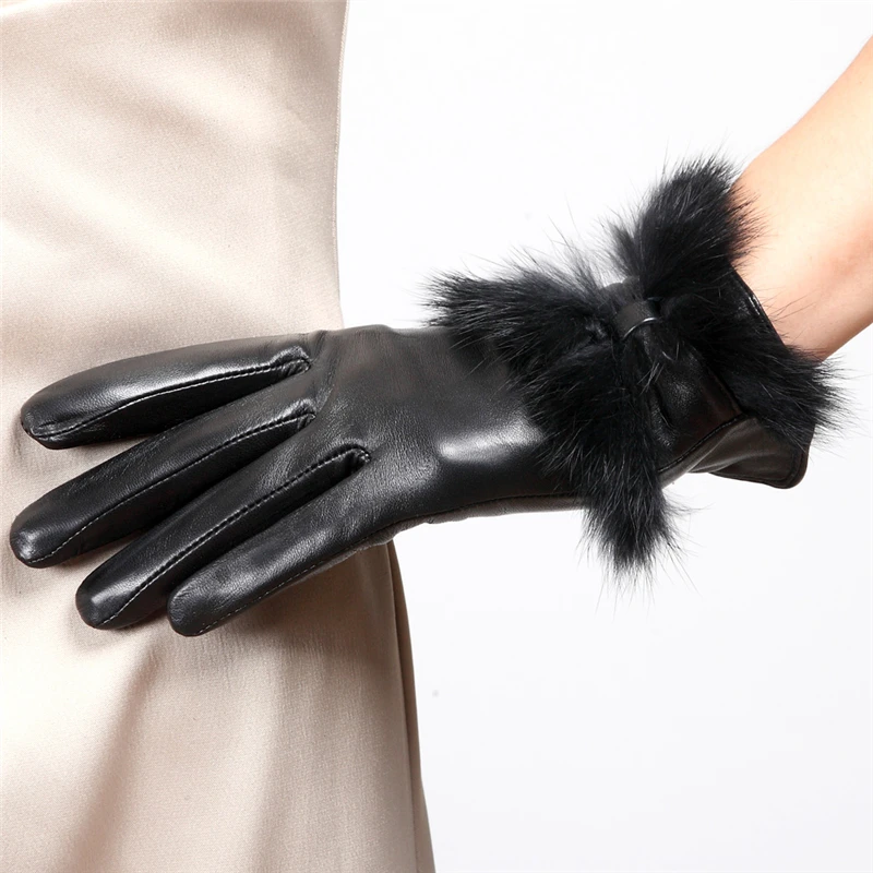 Guantes de piel auténtica de marca para mujer, guantes de piel de oveja de tendencia de moda, muñeca, pelo de conejo, guante de conducción elegante para mujer, L149NN-5