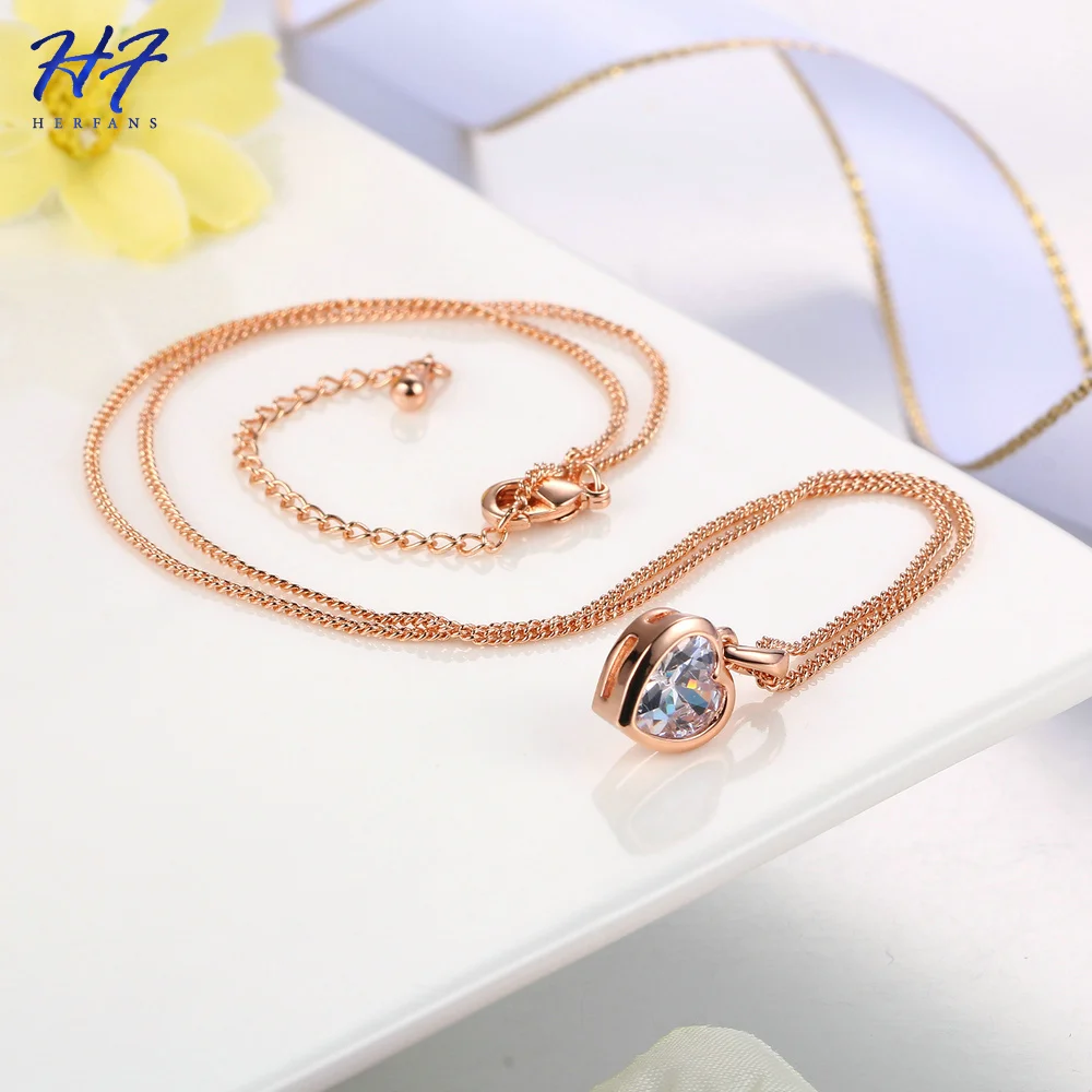 Romantic Heart Pure Pendant Necklaces for Women Rose Gold Color Rhinestones Wedding Jewelry For Women Xmas Gift N130