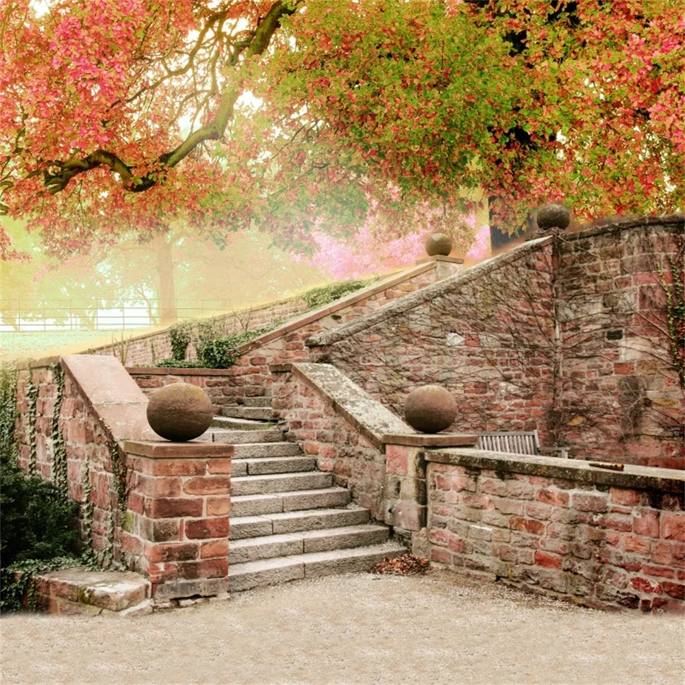 

Laeacco Old Staircase Entrance Brick Stone Wall Autumn Tree Maples Scene Photo Background Photography Backdrops For Photo Studio