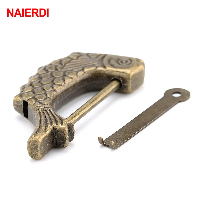 NAIERDI 60*30mm Vintage Chinese Keyed Padlock Antique Old Style Retro Lock Zinc Alloy Jewelry Box Fish Pattern Lock Home Decor