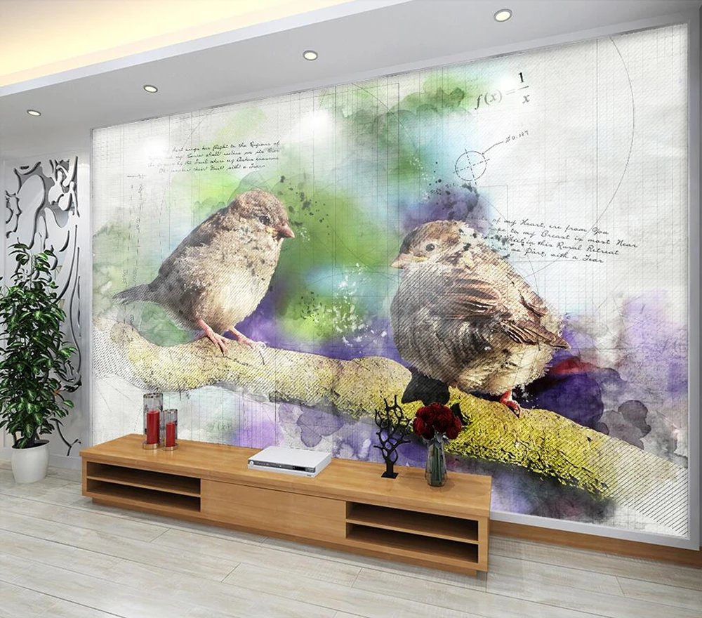 

Decorative wallpaper Hand-painted sparrow tree branch background wall painting