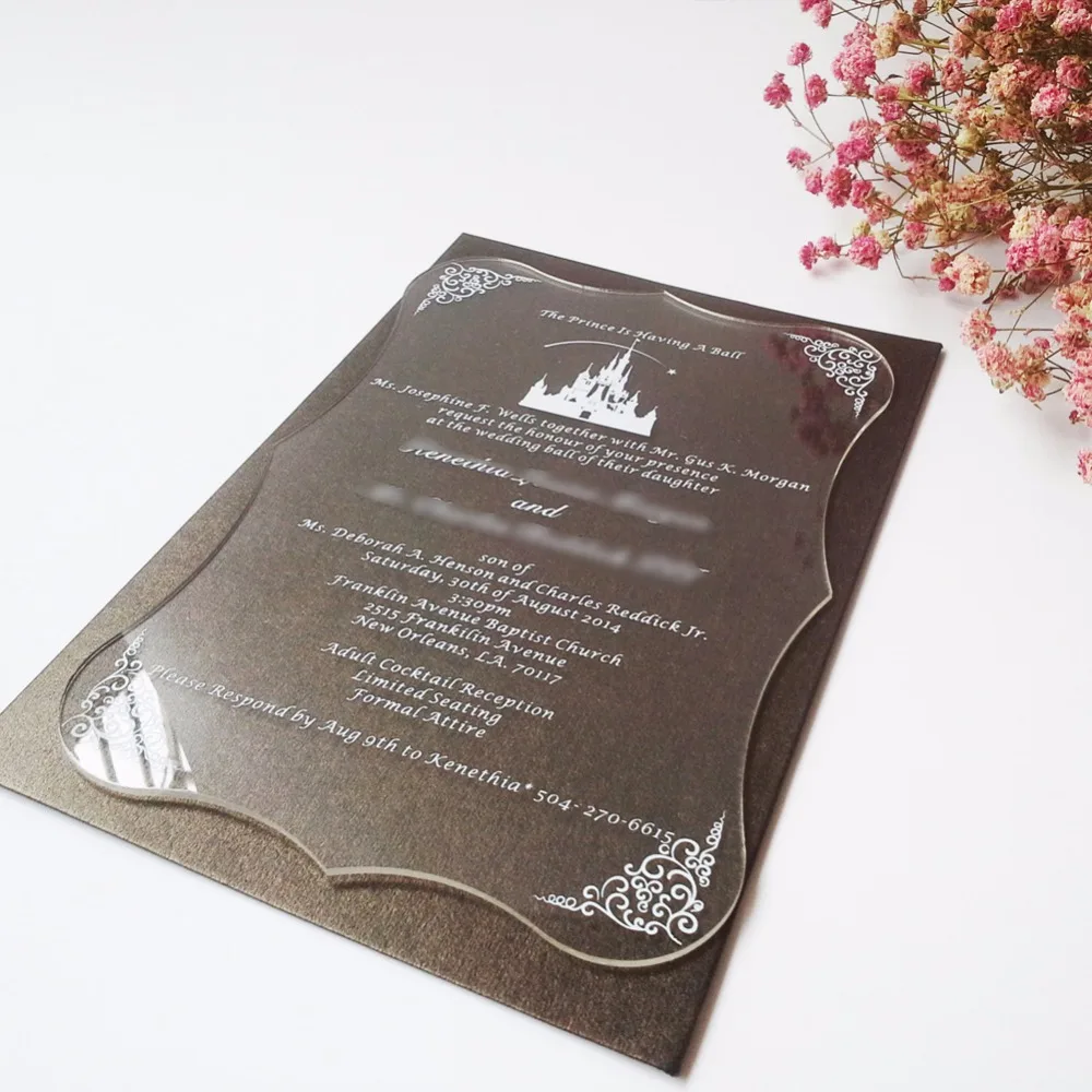 Sample order for  Clear acrylic wedding invitation card scroll shape silk screen letters