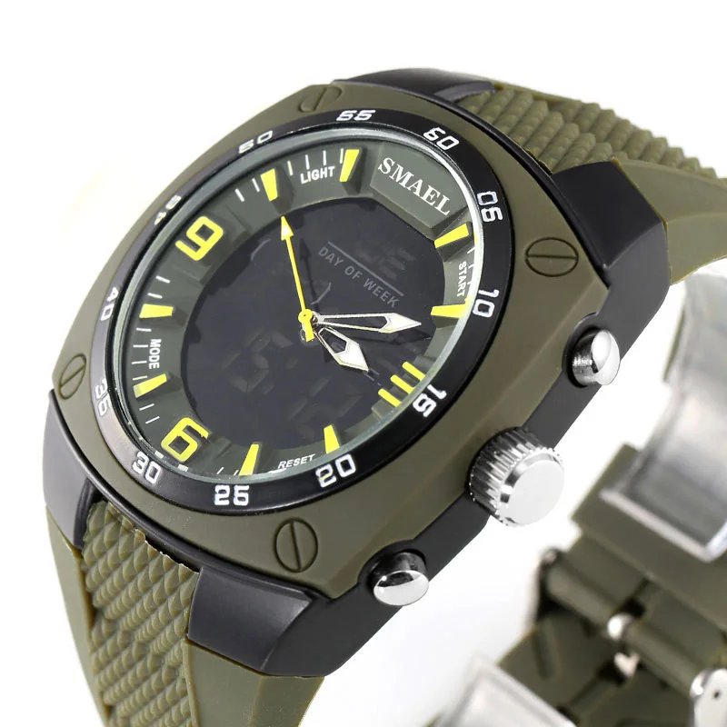 SMAEL Men Watches Military Alloy Big Dial Sport Watch Waterproof Digital Quartz Watch 1008 Men\'s Wristwatch Clock Men Army Green