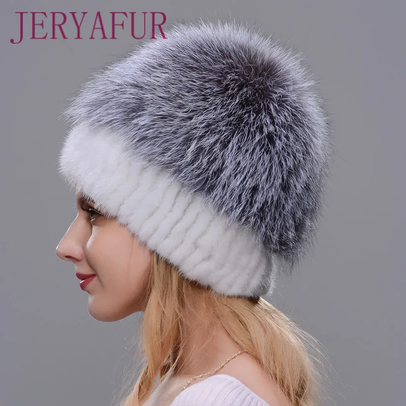 Female Mink Fur Hat Women Winter Hat Knitted Mink Fox Fur Cap Female Warm Hat Cap Silver Fox Part More