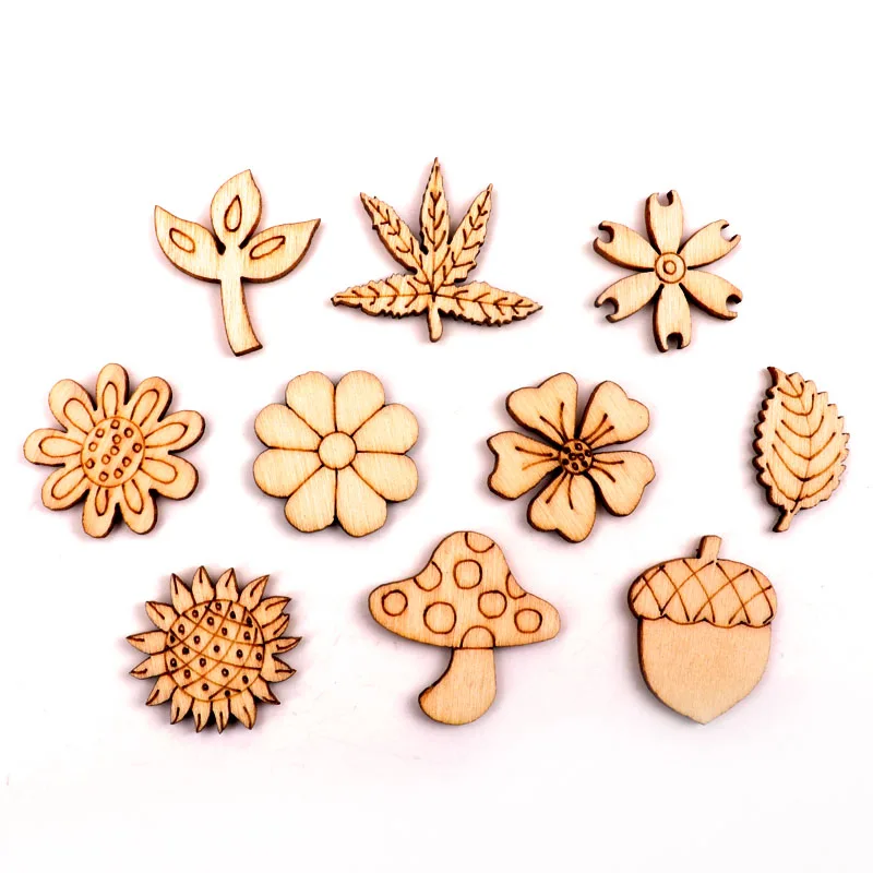 Home Decoration Handmade Accessory Scrapbooking Craft DIY Natural Flower Leaves Pattern Wooden Embellishment 24-30mm 50pcs