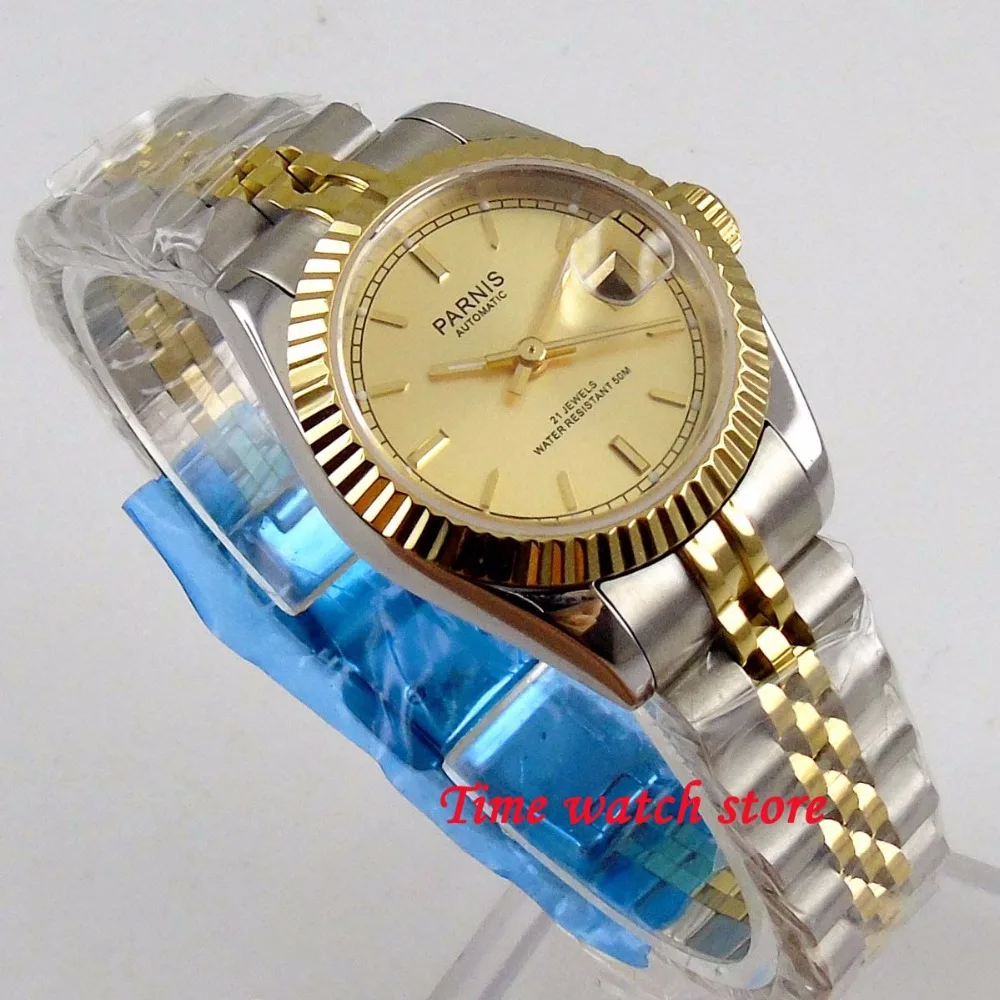 Parnis 26mm Ladies Watch  Miyota 6T51 Sapphire Glass Automatic Movement Womens Wristwatch Date Golden Dial Bezel solid