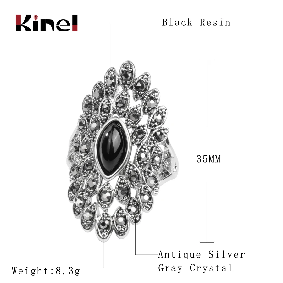 Kinel Unique Vintage Jewelry Gray Crystal Big Rings For Women Ancient Silver Color Punk Ring Female Wedding Party Crystal Gift