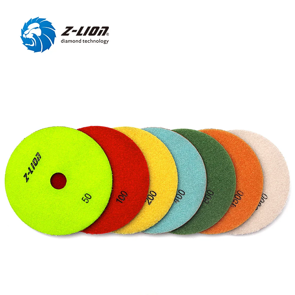 Z-LION 7pcs 5 Inch Diamond Polishing Pad Wet for Granite Marble Concrete Stone Polishing Flexible 125mm Diamond Resin Bond Disc