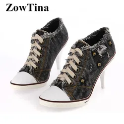 Vintage Design Women Black Denim Pumps Lace Up Thin High Heels Espadrilles Studded Rivets Zapatillas Mujer Plus Size 42 Stiletto