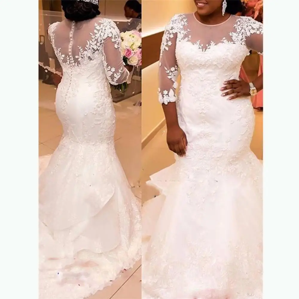 ANTI Halbe Hülse Taste Zurück Rüschen Tiered Meerjungfrau Hochzeit Kleid Afrikanische Weiße Farbe Plus Größe Braut Ehe Hochzeit Kleider