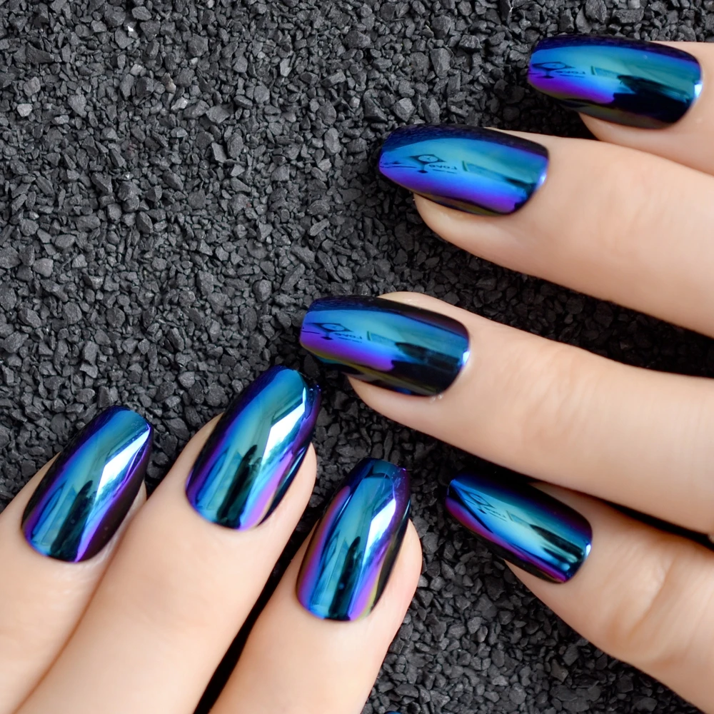 Ballerina Coffin Nails Tips Mirror Chrome Reflection False Nail Magic Mirror Effect Holo Blue Purple Fake Nails