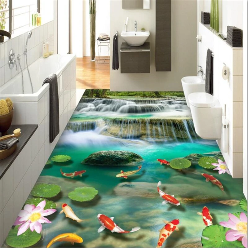 

wellyu Custom 3D floor stickers Waterfalls lotus carp 3D Self-adhesive living room bedroom flooring tiles 3d Papel de parede