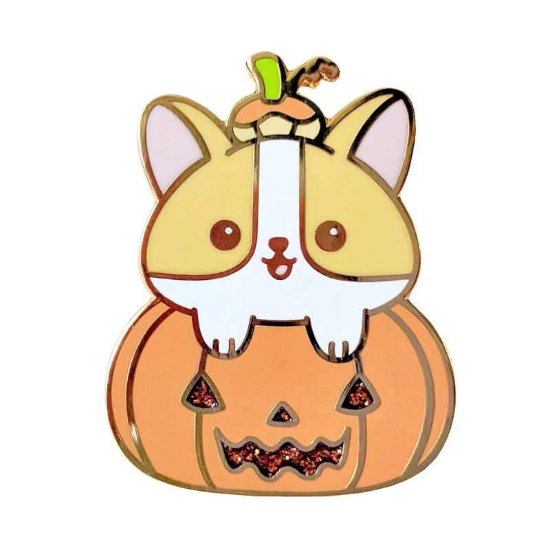 

Glitter pumpkin enamel pin cute dog brooch Halloween Thanksgiving jewelry gift for kids animal lover