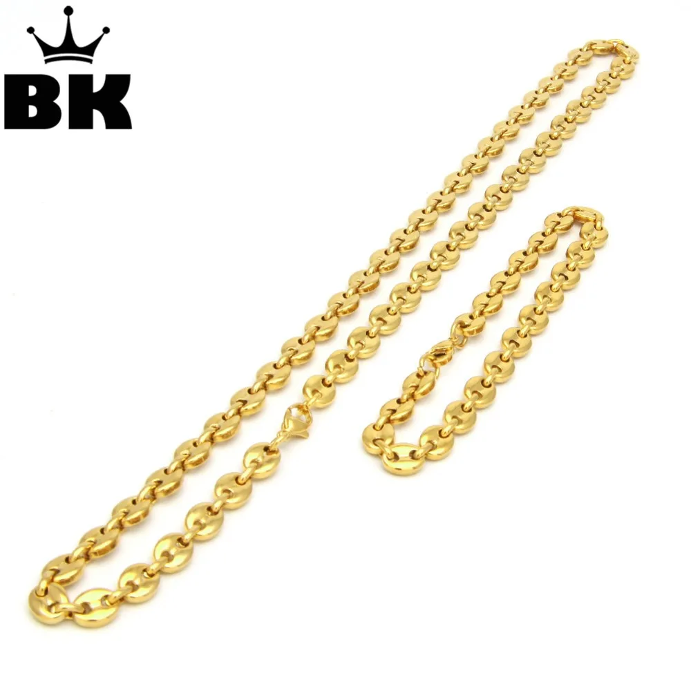 

THE BLING KING 8mm Puffed Mariner Link Chain & Bracelet Set Gold silver color Hip Hop Punk Jewelry For Men 22.5cm and 55cm