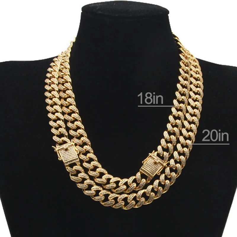 Hip Hop Copper Curb Miami Cuban Chain Mens Necklaces Iced Out CZ Golden Bling Luxury Box Clasp Drop Shipping