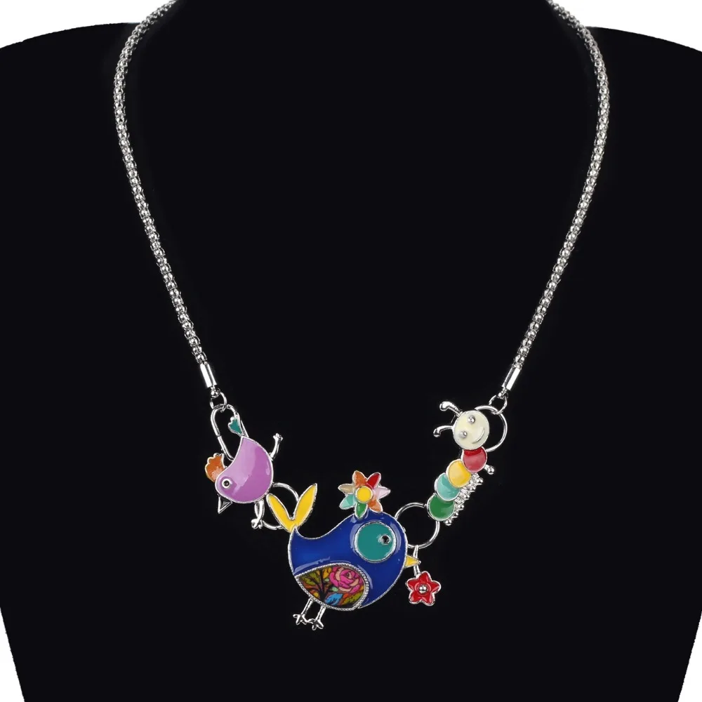 WEVENI Enamel Alloy Novelty Bird Flower Caterpillar Choker Necklace Pendant Cartoon Animal Jewelry For Women Girls Teens Gift