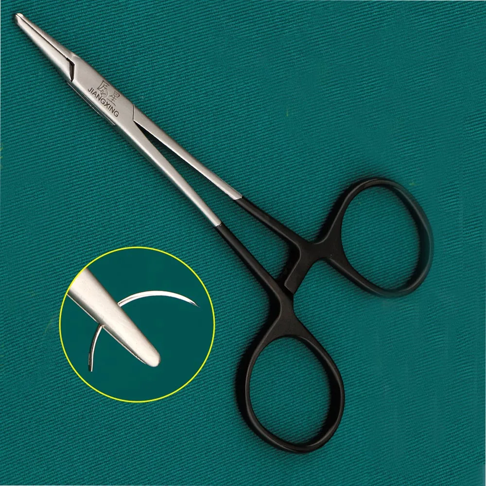 Black Handle Double Eyelid Needle Holder Stainless Steel Needle Holder Surgical Suture Tool 12.5cm