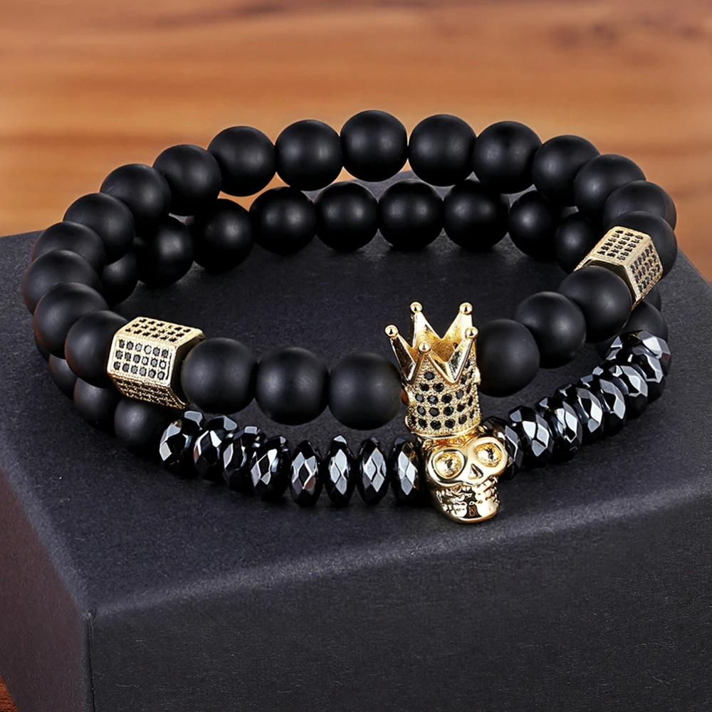 TYO 2Pcs/Set Women Mens CZ Royal Crown Skull Charms 8MM Black Matte Bead Strand Bracelets for Couple Valentine\'s Day Gifts