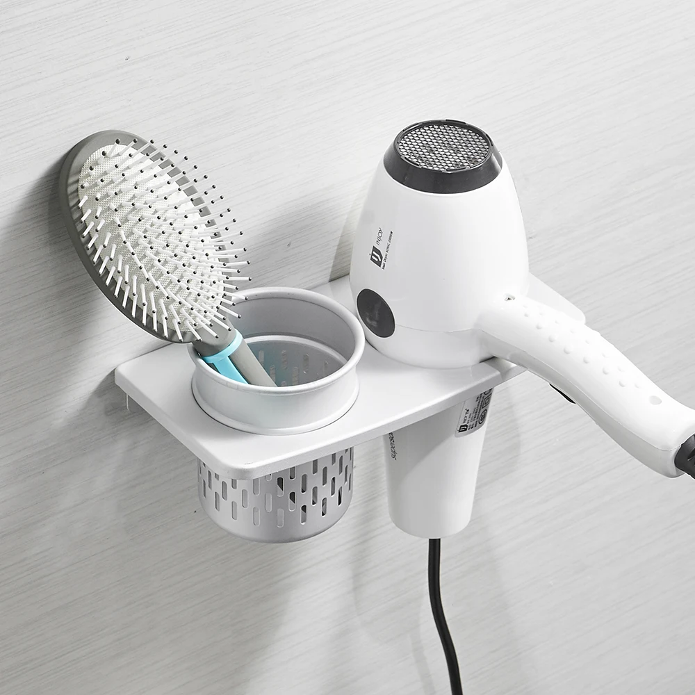 

Черный держатель для фена с чашкой, бытовая стойка, полка для фена, металлическое настенное крепление, аксессуары для ванной комнаты, стойка для фена