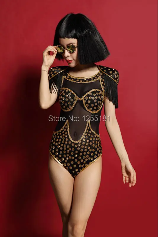 2015 Baru Wanita Fashion Hitam Rumbai Tanda Pangkat Penyanyi Ds Kostum Dj Kostum Kristal Pakaian Seksi One-Piece Bodysuit memakai