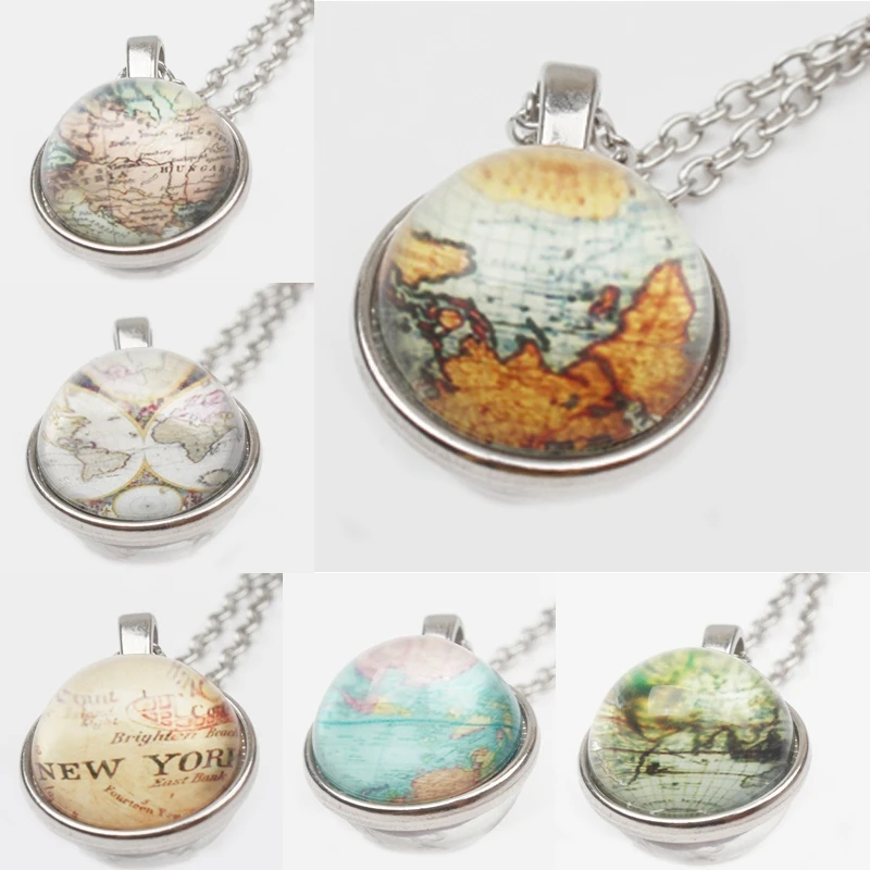 World Map Double-Sided Pendant Necklace Glass art Photo Manual Declaration Earth Map Jewelry Necklace Men And Women Jewelry