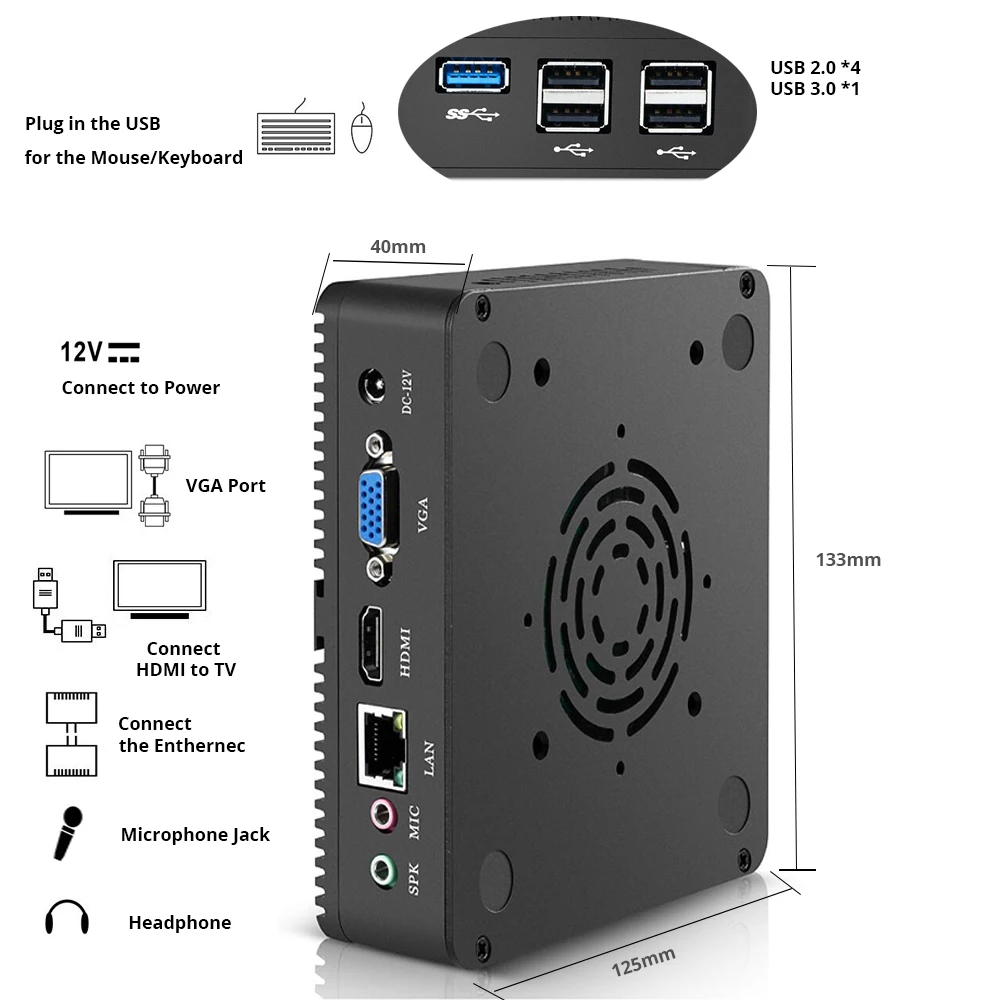 Imagem -04 - Fanless Mini pc Computador Desktop Intel Celeron J1900 Compacto Cpu Htpc tv Box Gaming pc Thin Client 300 m Wi-fi Windows Linux