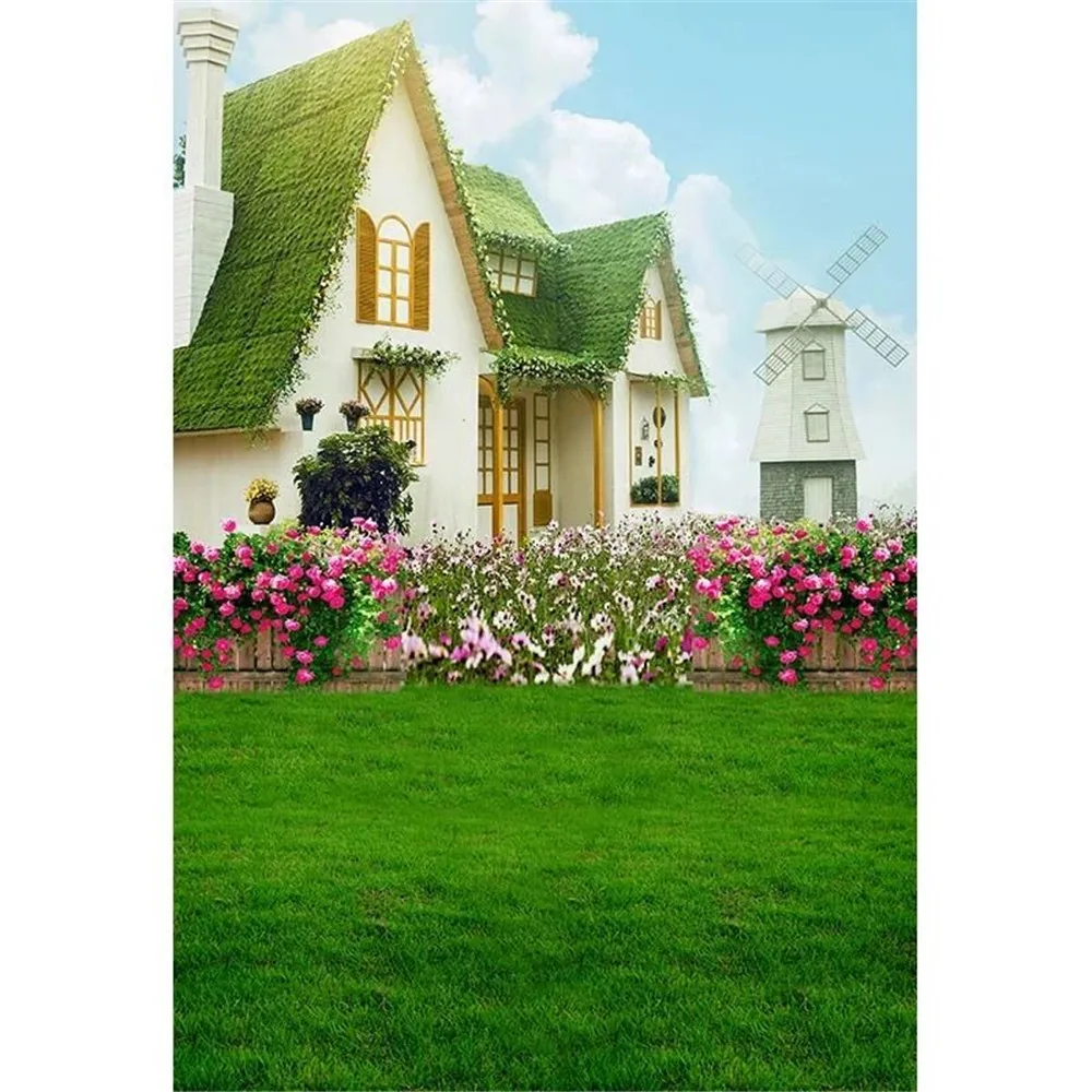 Outdoor Garden Wedding Photography Backdrops Printed Blue Sky Houses Spring Flower Blossoms Green Grass Scenic Photo Backgrounds