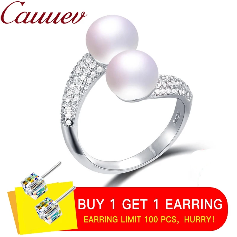 CauuevHigh Quality 925 Sterling Silver Double Pearls Rings AAA Cubic Zircon2020 New Fashion Jewelry Vintage Wedding Rings Gifts