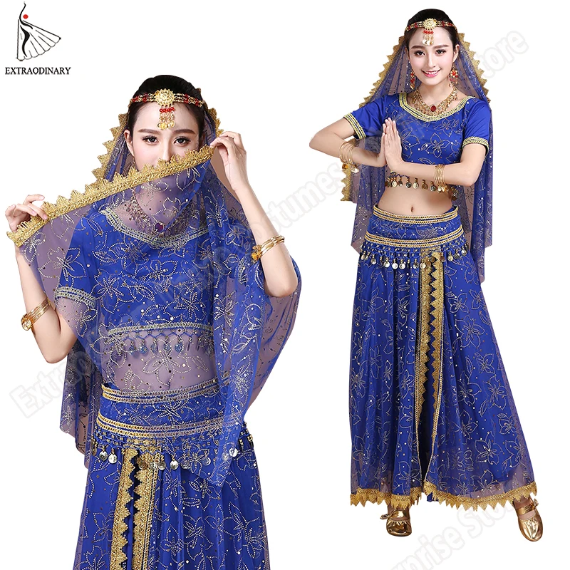 Bollywood Belly Dance Costume Set Indian Dance Sari Bellydance Skirt Suit Women Chiffon 5pcs (Headpieces Veil Top Belt Skirt)