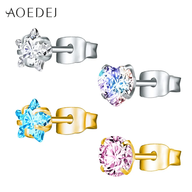 AOEDEJ 3-8mm Gold Color Star Earrings Stud Stainless Steel Stud Crystal Earrings Pink For Women Girls Heart Earrings Colored