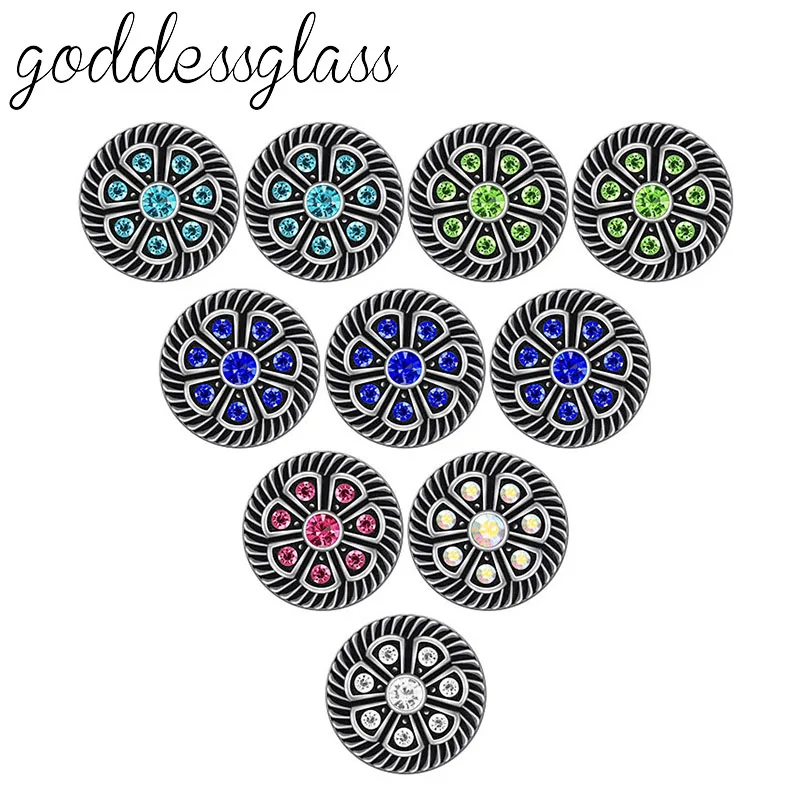 

Beauty 10pcs mixed Round Rhinestones Flower Rotated pattern 12mm snap buttons fit 12mm snap bracelet jewelry wholesale KZ9114