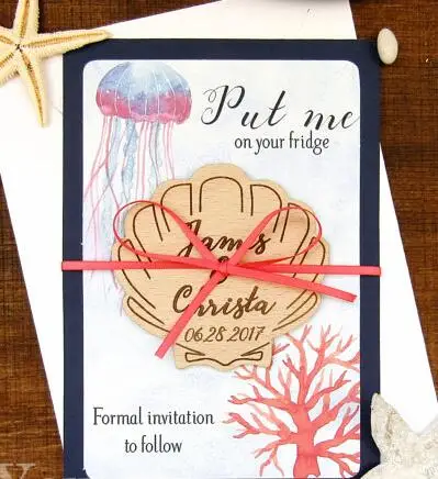 Custom Coral Save the Date seashell Wedding Wooden gift tags invitation Labels cards party engagement bridal shower decorations