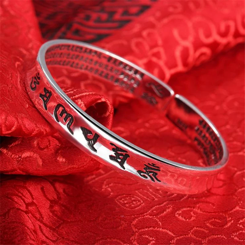 KOFSAC New Thai Silver Heart Sutra Bangles Tibetan Buddhism Six Word Mantra Bracelets For Women Open Bangle Lady Jewelry Gifts