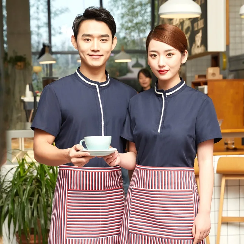 

Waiter Work Clothes Short Sleeve Restaurant Cake Fast Food Shop Uniform Coat Hot Pot Shops Dining Waitress Jacket Overalls H2159